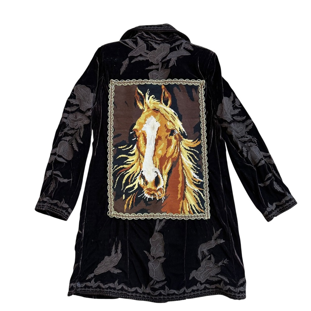 Lesal Upcycled Velvet Horse‎ Needlepoint Duster Coat Brown Embroidered Bee Large